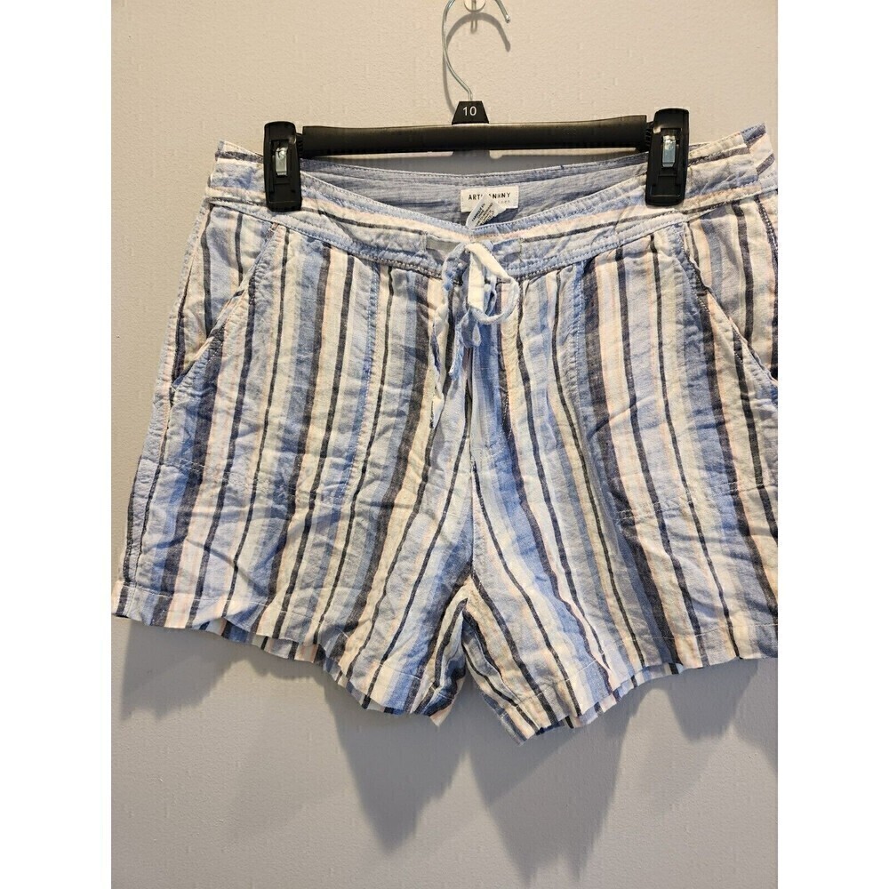 Artisan NY 100% Linen Shorts Drawstring Button/ Zip Striped Pockets Size 10 - Picture 1 of 6